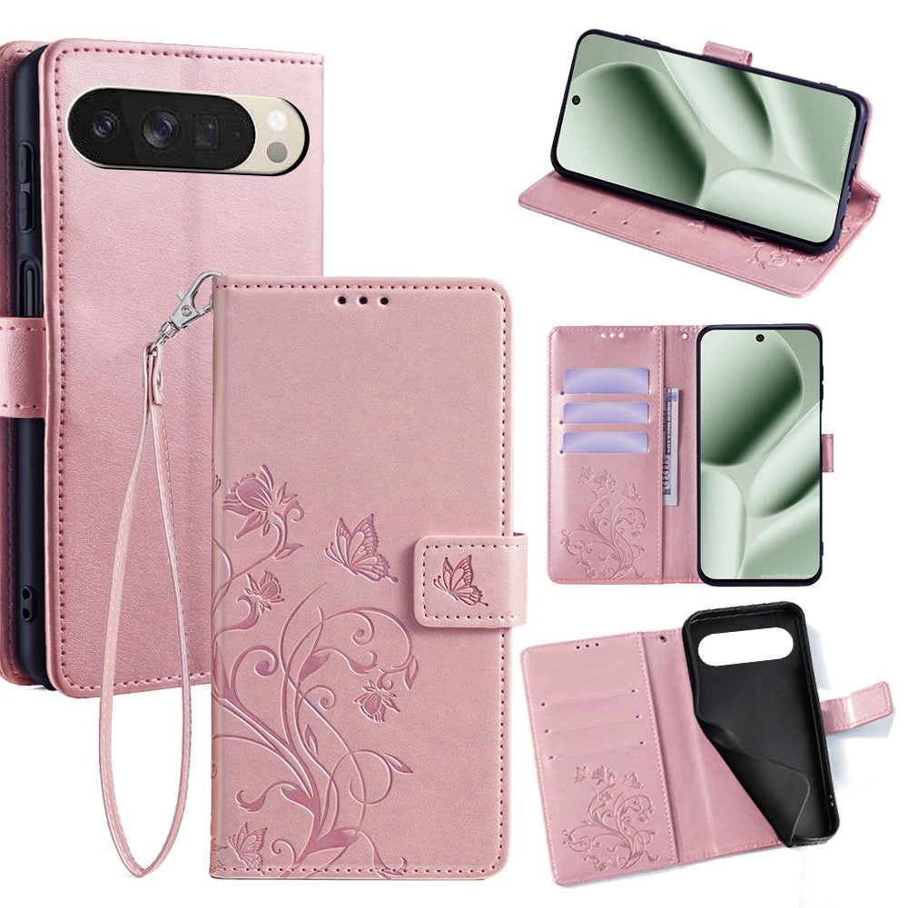 For Google Pixel 10 Case Butterfly Flower Imprinted PU Leather Wallet Phone Cover