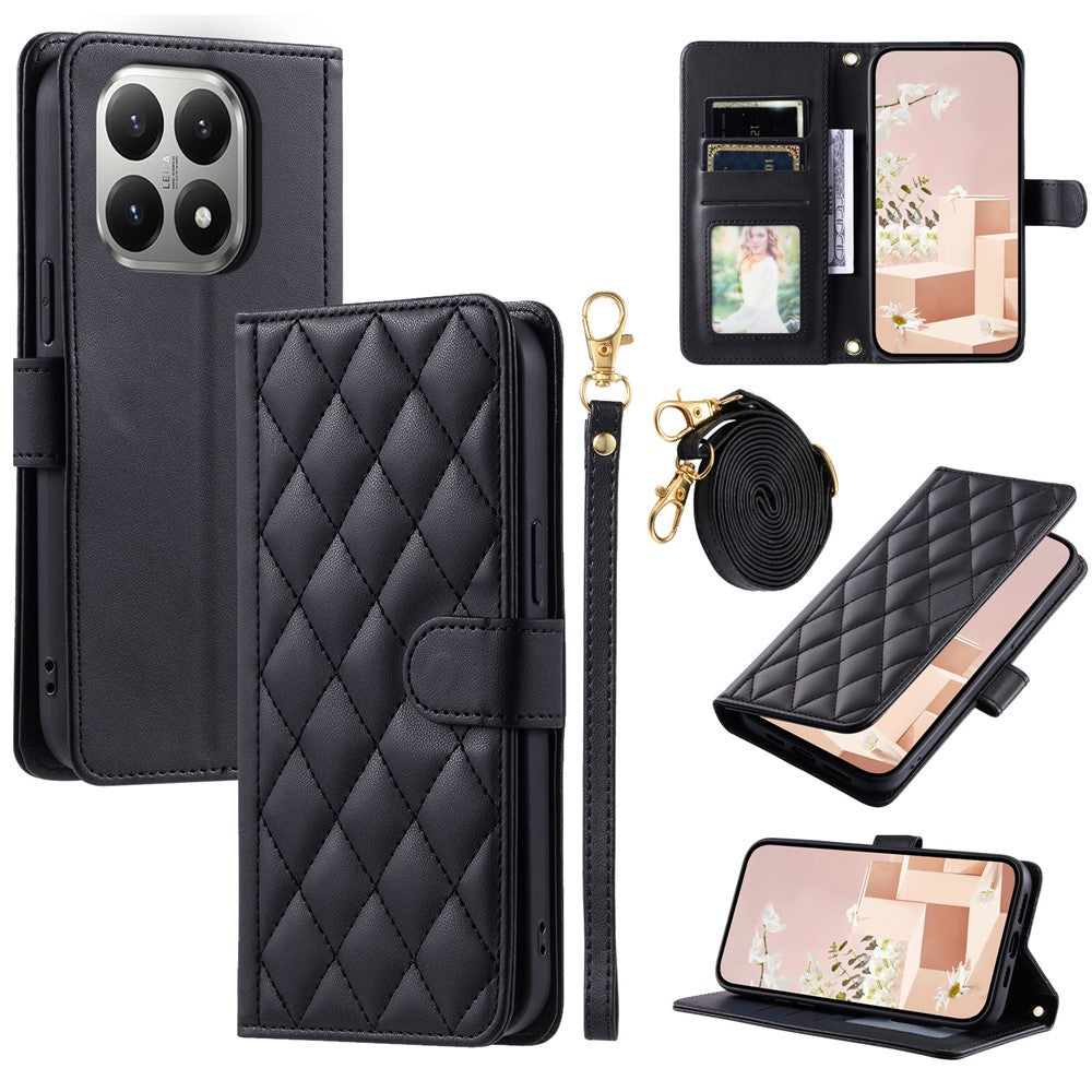 For Xiaomi 15T Case Wallet Rhombus Grid PU Leather Phone Cover with Shoulder Strap / Wrist Strap