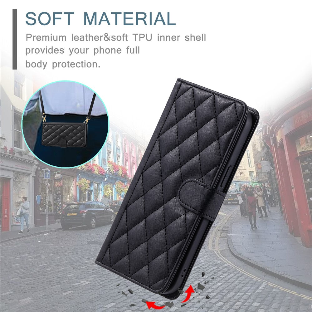 For Xiaomi 15T Case Wallet Rhombus Grid PU Leather Phone Cover with Shoulder Strap / Wrist Strap