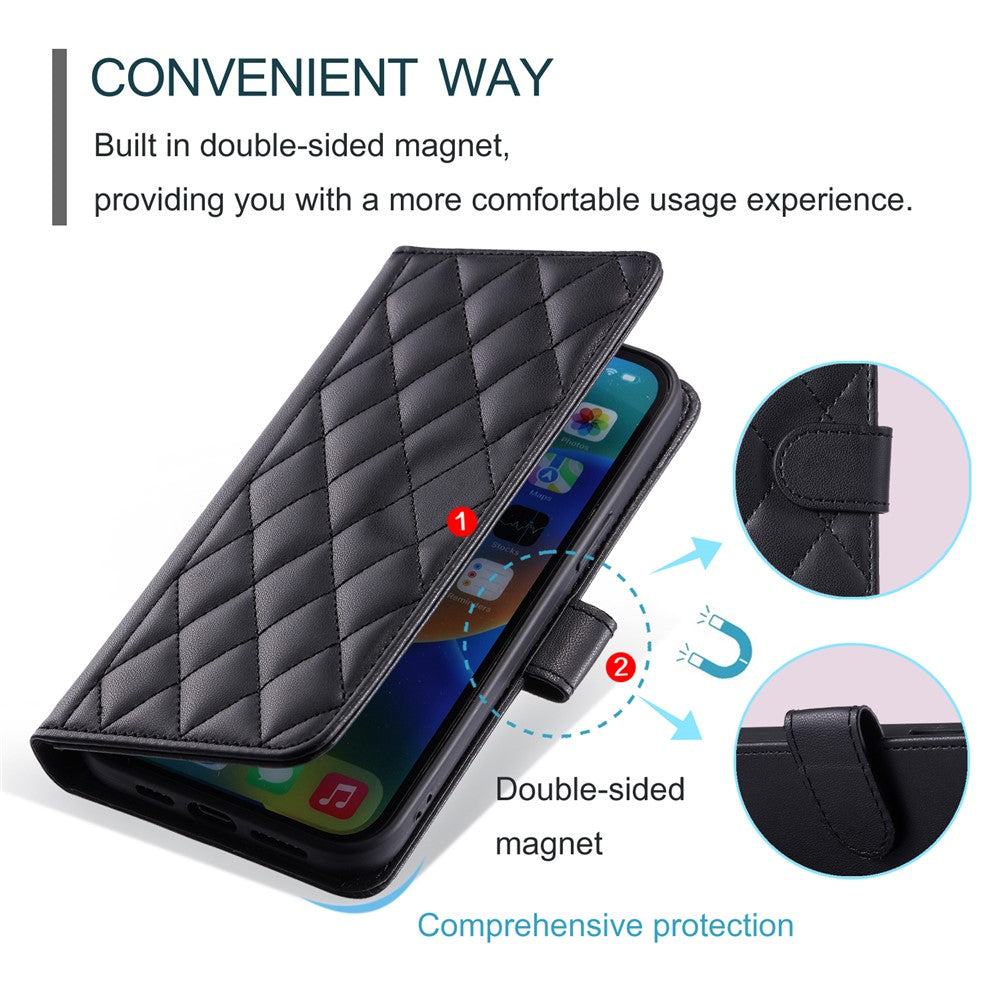 For Xiaomi 15T Case Wallet Rhombus Grid PU Leather Phone Cover with Shoulder Strap / Wrist Strap