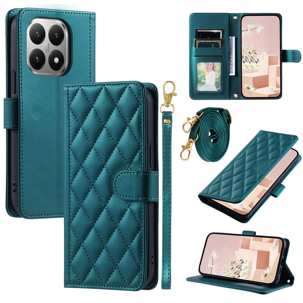For Xiaomi 15T Case Wallet Rhombus Grid PU Leather Phone Cover with Shoulder Strap / Wrist Strap