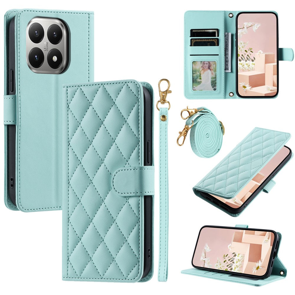 For Xiaomi 15T Case Wallet Rhombus Grid PU Leather Phone Cover with Shoulder Strap / Wrist Strap