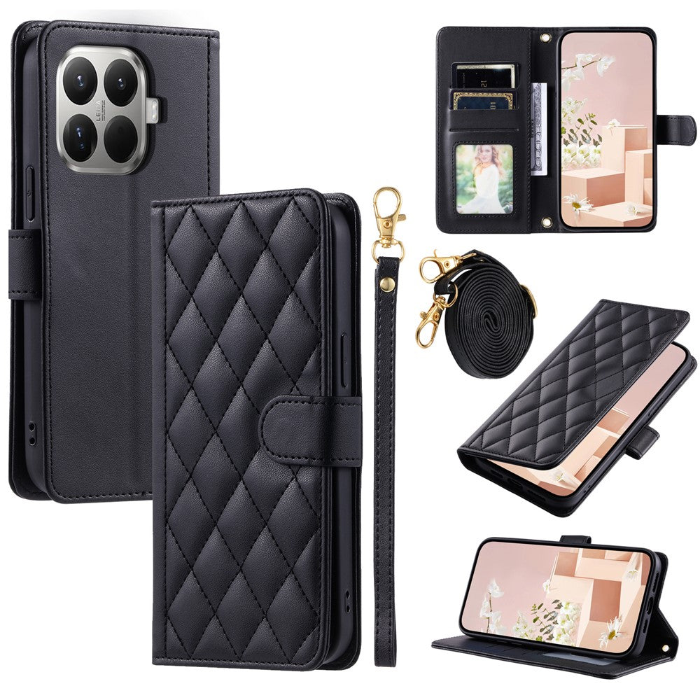 For Xiaomi 15T Pro Case Wallet Rhombus Grid PU Leather Phone Cover with Shoulder Strap / Wrist Strap