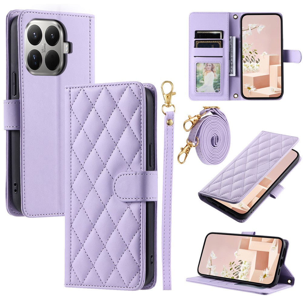 For Xiaomi 15T Pro Case Wallet Rhombus Grid PU Leather Phone Cover with Shoulder Strap / Wrist Strap
