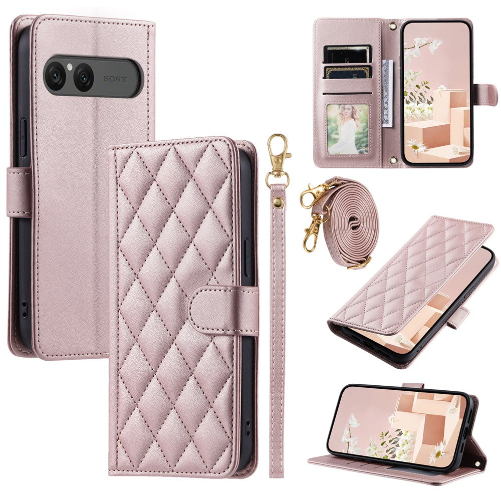 For Sony Xperia 10 VII Case Wallet Rhombus Grid PU Leather Phone Cover with Shoulder Strap / Wrist Strap