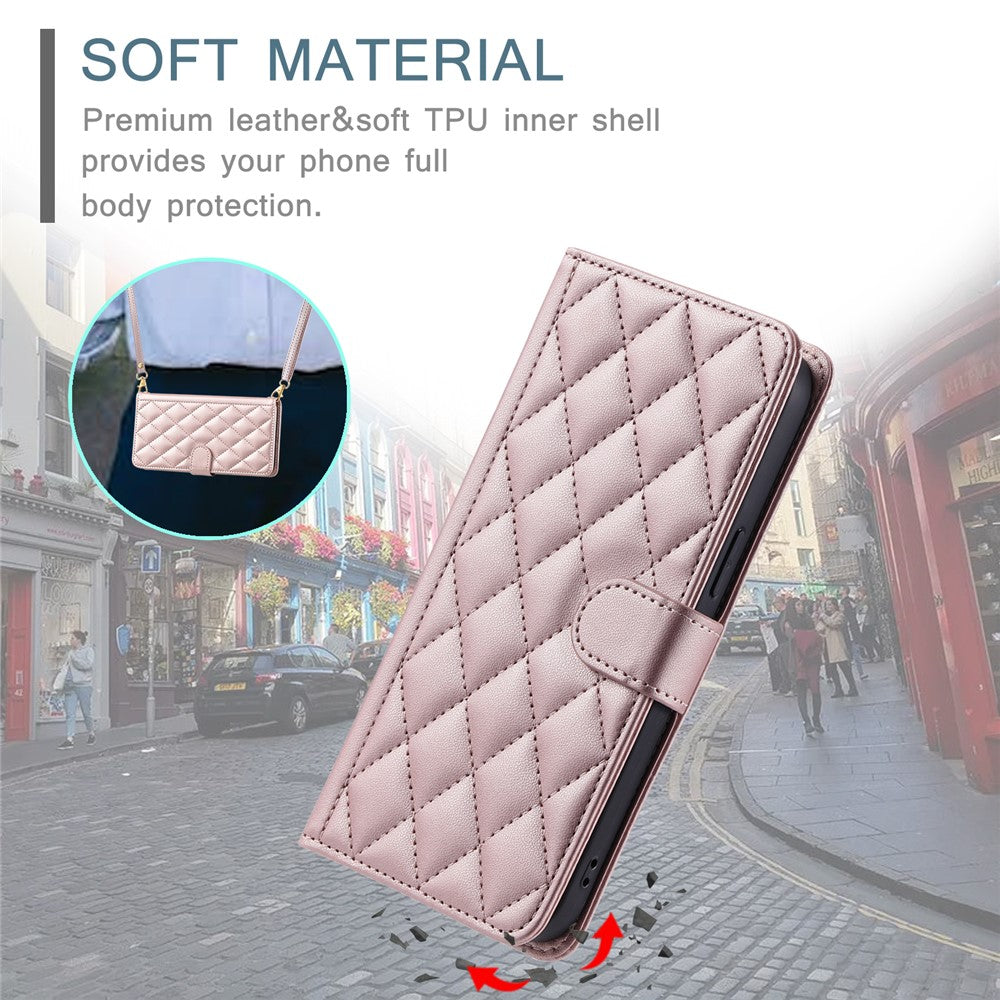 For Sony Xperia 10 VII Case Wallet Rhombus Grid PU Leather Phone Cover with Shoulder Strap / Wrist Strap