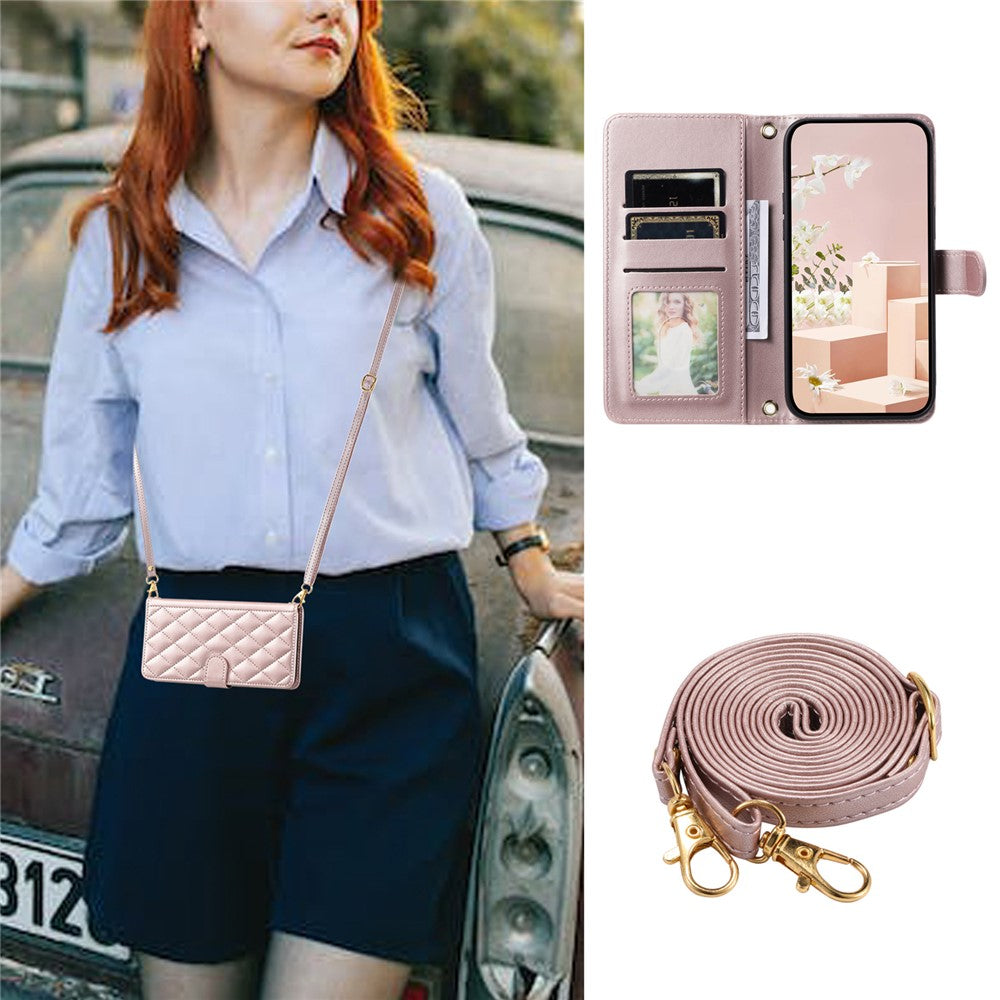 For Sony Xperia 10 VII Case Wallet Rhombus Grid PU Leather Phone Cover with Shoulder Strap / Wrist Strap