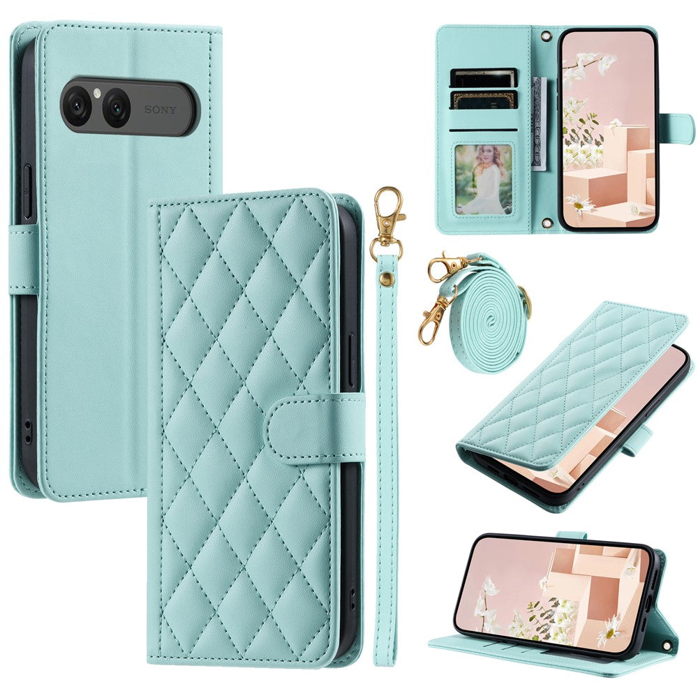 For Sony Xperia 10 VII Case Wallet Rhombus Grid PU Leather Phone Cover with Shoulder Strap / Wrist Strap