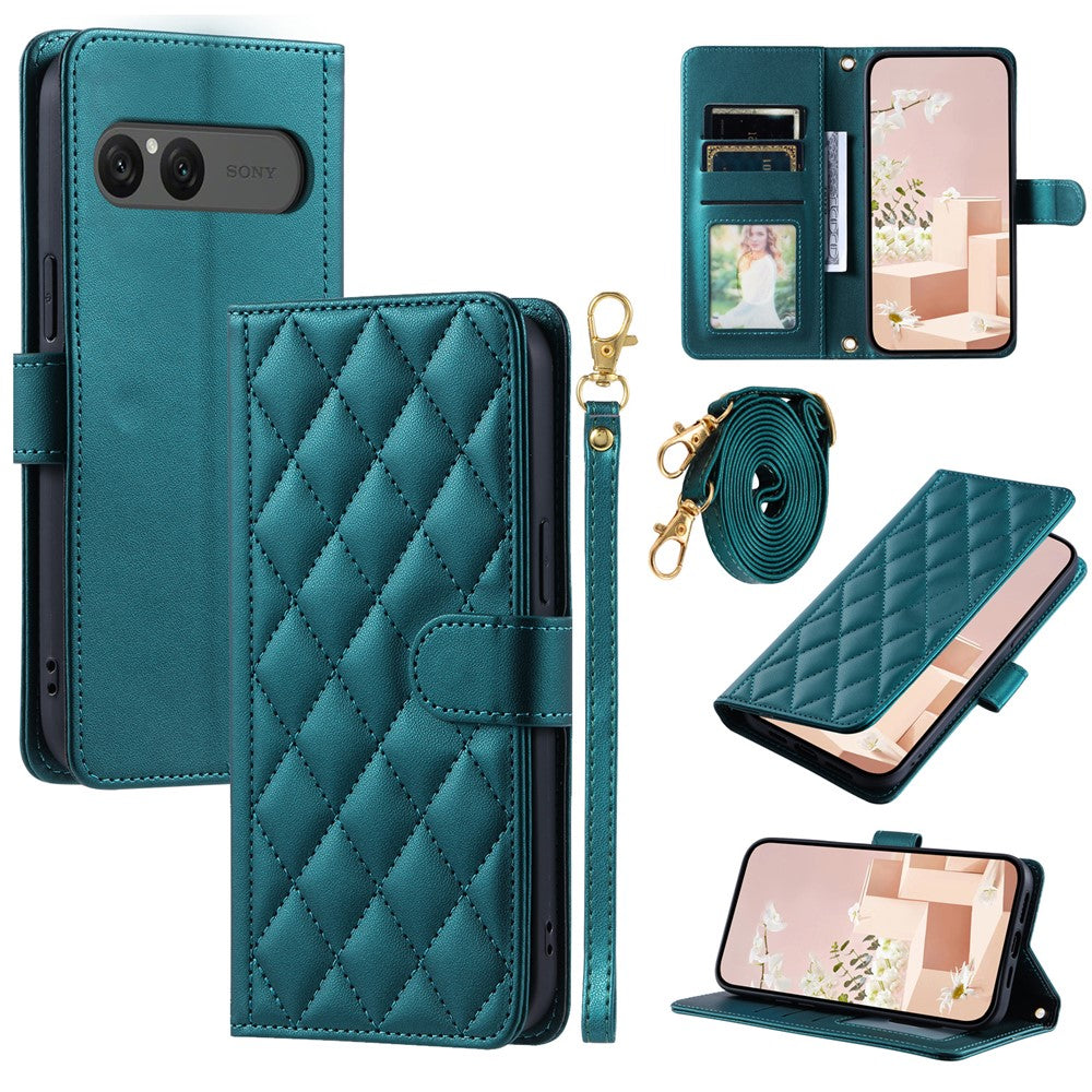 For Sony Xperia 10 VII Case Wallet Rhombus Grid PU Leather Phone Cover with Shoulder Strap / Wrist Strap