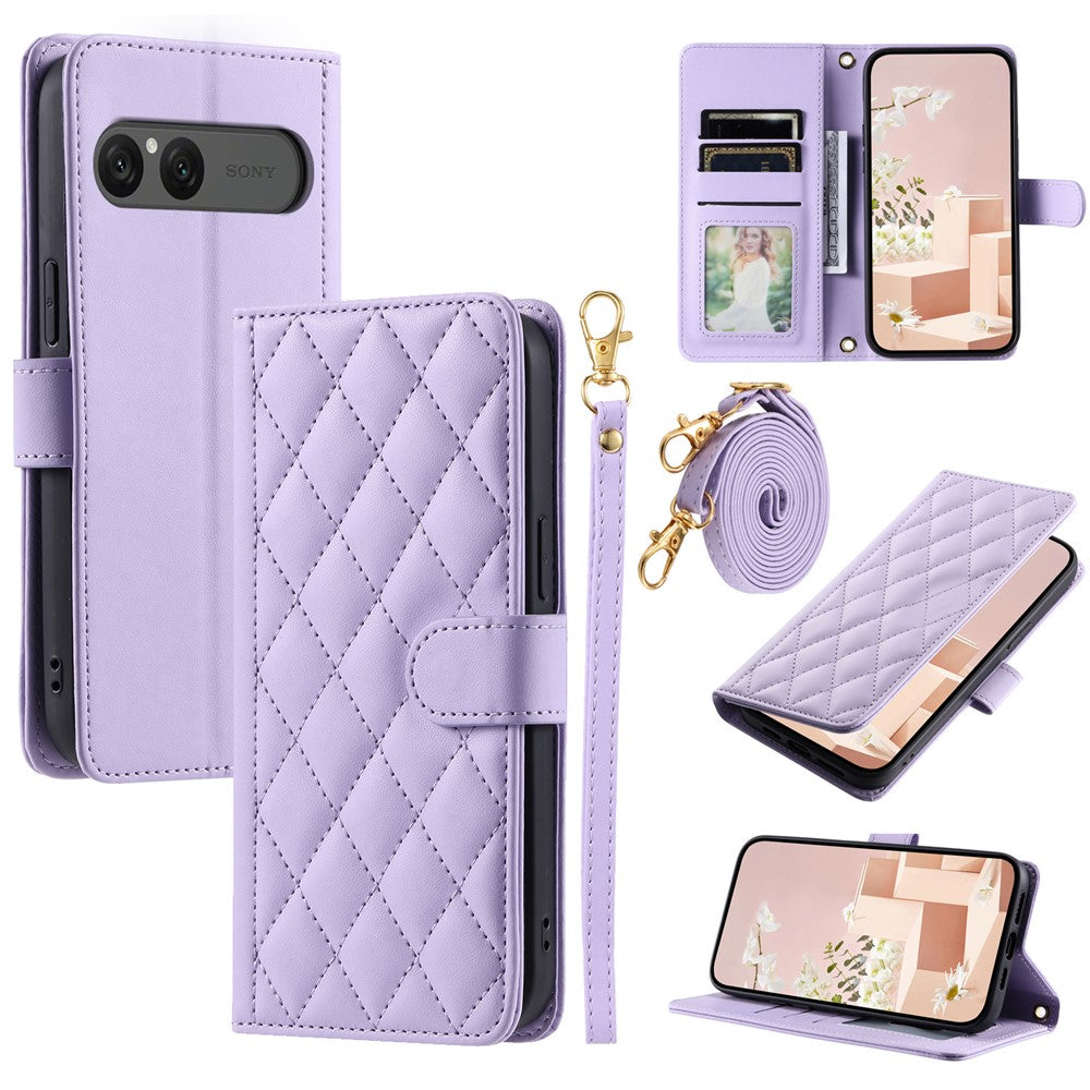 For Sony Xperia 10 VII Case Wallet Rhombus Grid PU Leather Phone Cover with Shoulder Strap / Wrist Strap