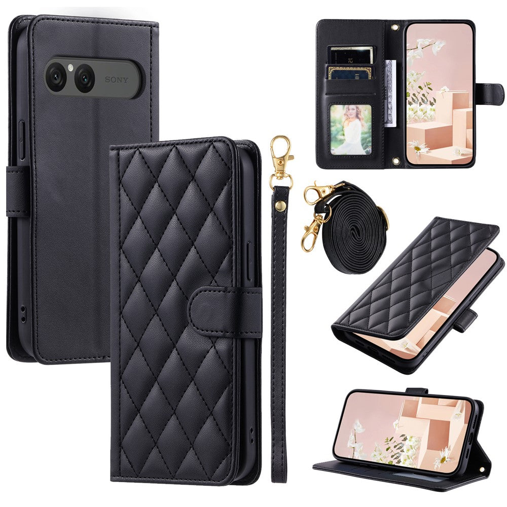 For Sony Xperia 10 VII Case Wallet Rhombus Grid PU Leather Phone Cover with Shoulder Strap / Wrist Strap