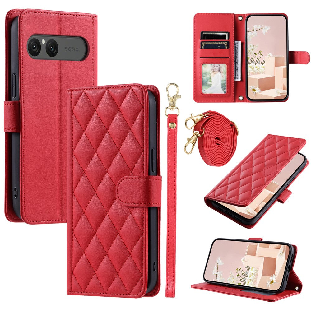 For Sony Xperia 10 VII Case Wallet Rhombus Grid PU Leather Phone Cover with Shoulder Strap / Wrist Strap