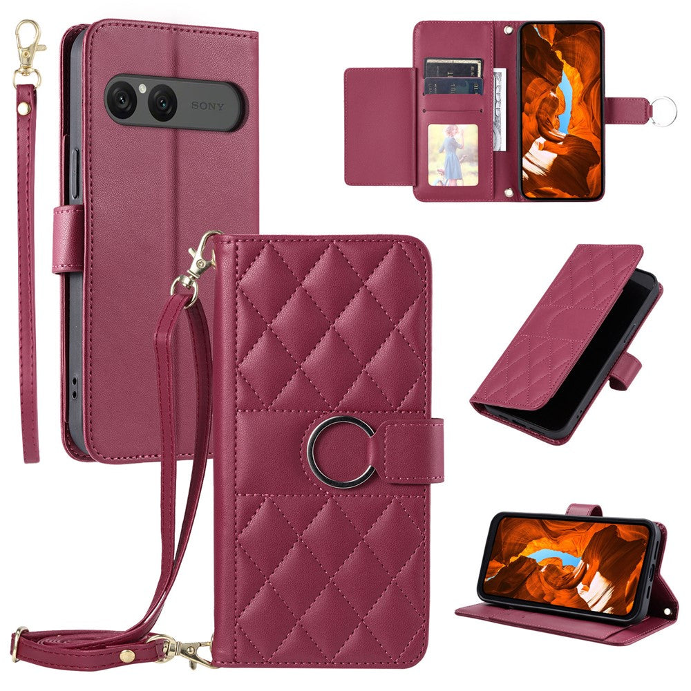 Funda de piel para móvil Sony Xperia 10 VII con hebilla de anillo, soporte tipo cartera y diseño de rombo.