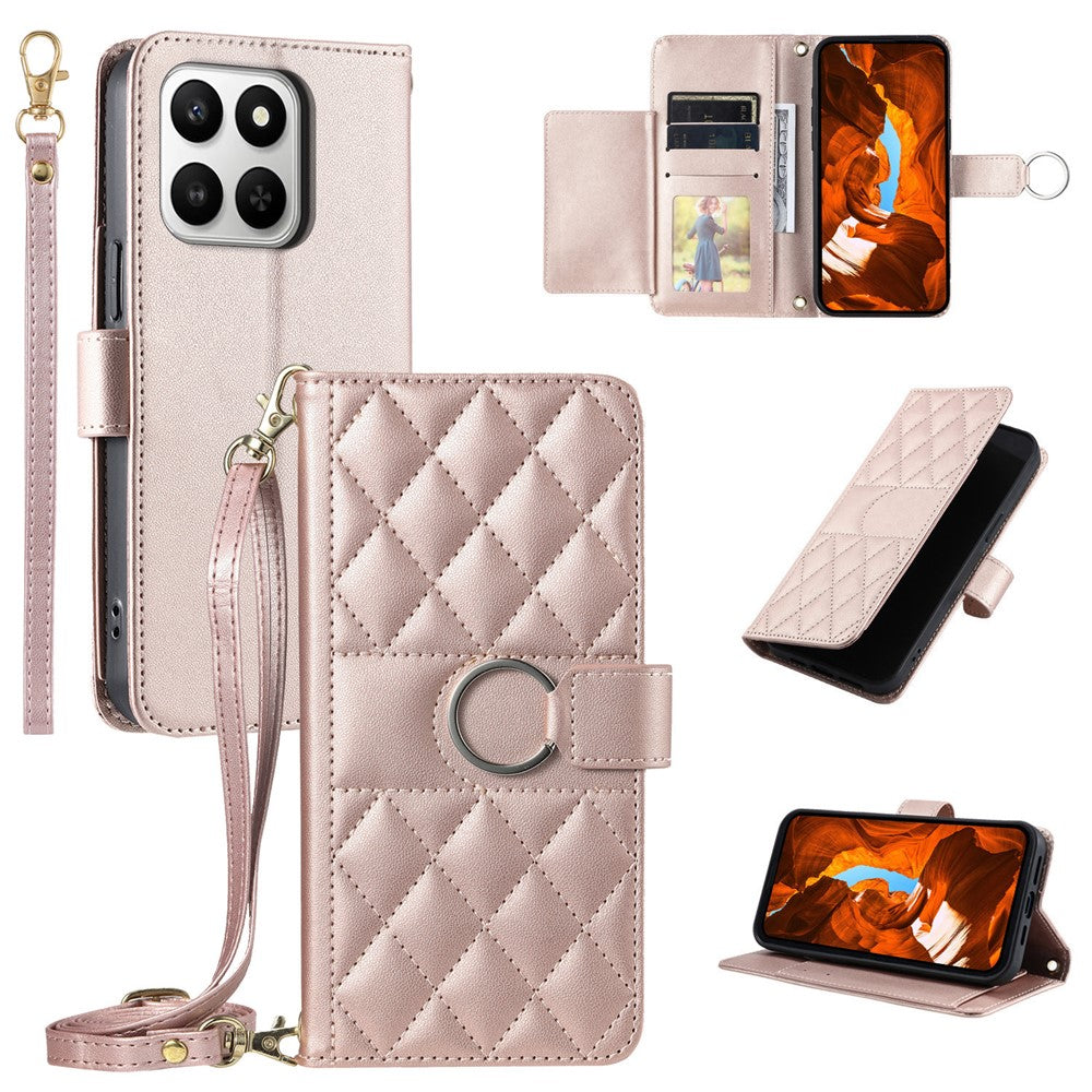 Crossbody Leather Case for Honor 400 Smart 5G / 4G / X7d 5G / 4G Ring Buckle Wallet Stand Rhombus Mobile Cover