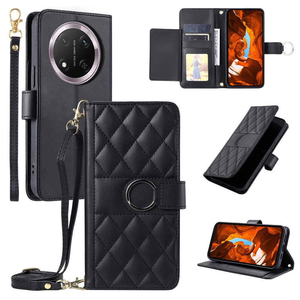 Crossbody Leather Case for Honor X9c 5G / Magic7 Lite 5G / X60 Pro 5G Ring Buckle Wallet Stand Rhombus Mobile Cover