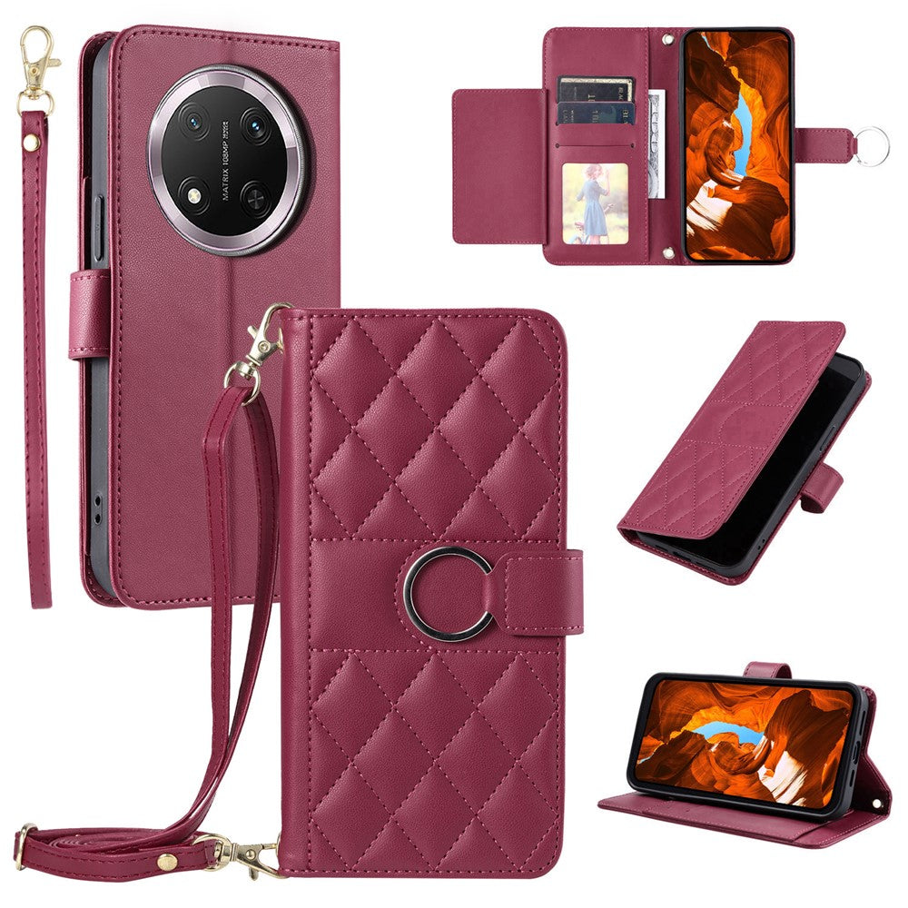Crossbody Leather Case for Honor X9c 5G / Magic7 Lite 5G / X60 Pro 5G Ring Buckle Wallet Stand Rhombus Mobile Cover