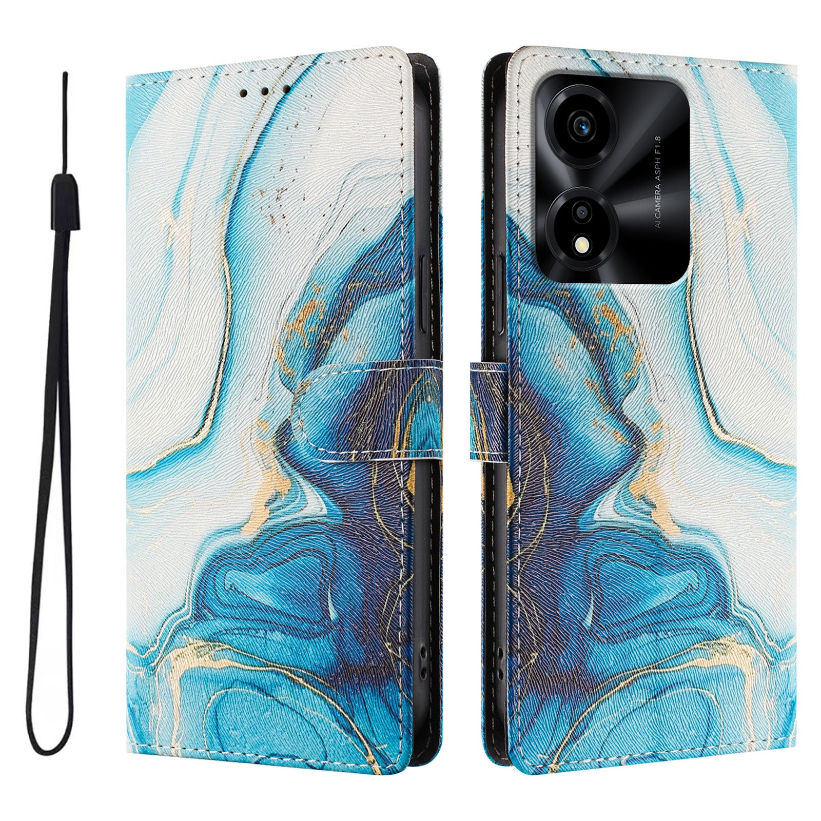 For Honor X5c Plus 4G Case Pattern Print PU Leather Wallet Phone Cover with Wrist Strap