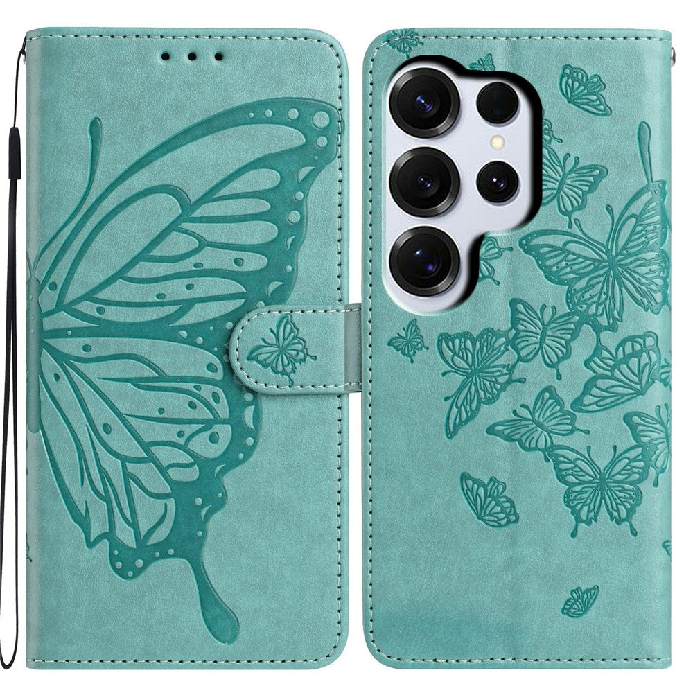 Funda tipo cartera con soporte y correa para Samsung Galaxy S26 Ultra, con estampado de mariposa. Fabricada en piel sintética.