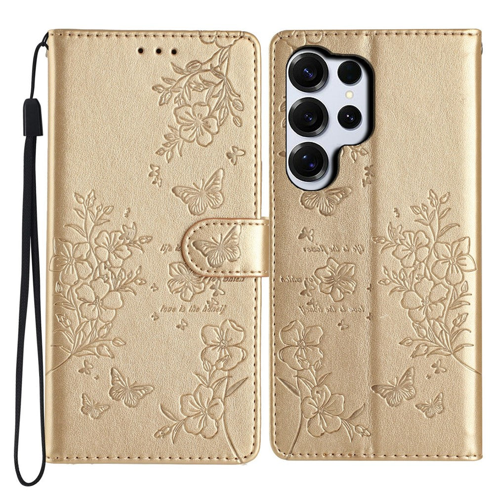 For Samsung Galaxy S26 Ultra Wallet Phone Case Butterfly Floral Imprint Leather Flip Cover with Strap