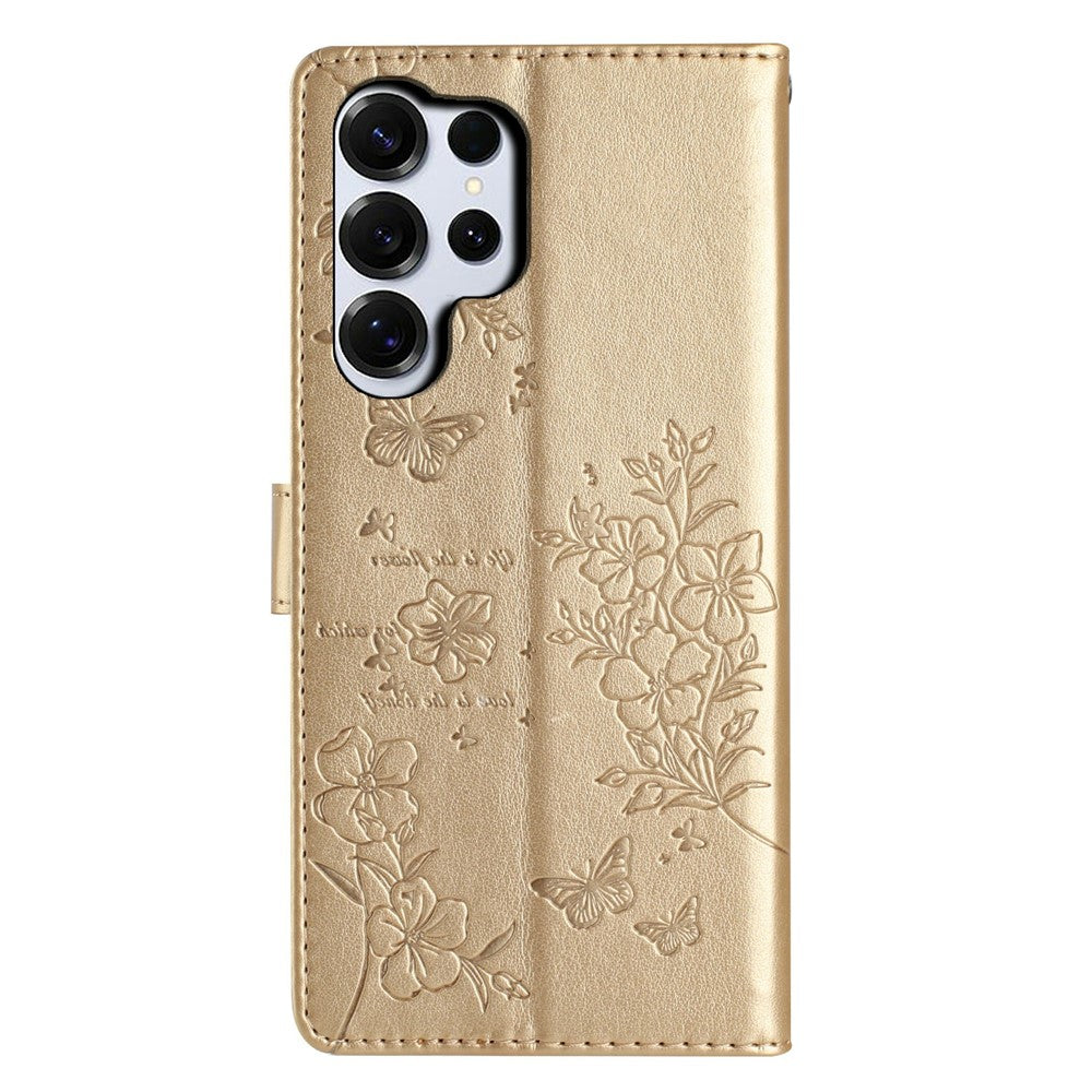 For Samsung Galaxy S26 Ultra Wallet Phone Case Butterfly Floral Imprint Leather Flip Cover with Strap
