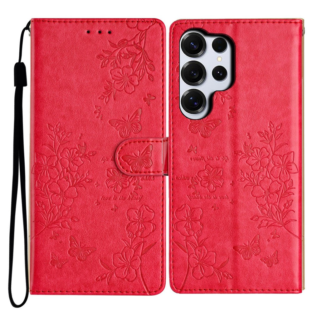 For Samsung Galaxy S26 Ultra Wallet Phone Case Butterfly Floral Imprint Leather Flip Cover with Strap