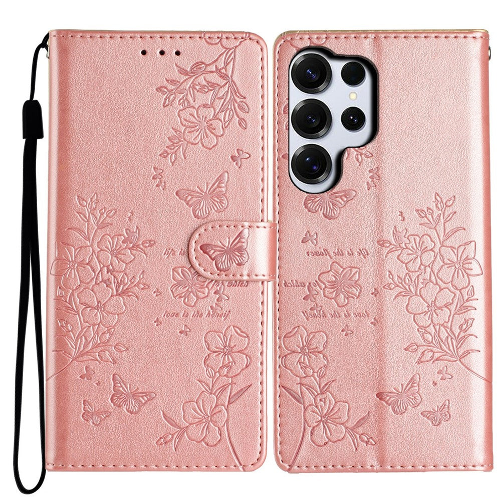 Étui portefeuille pour Samsung Galaxy S26 Ultra, motif papillon et fleurs, en cuir à rabat avec dragonne.