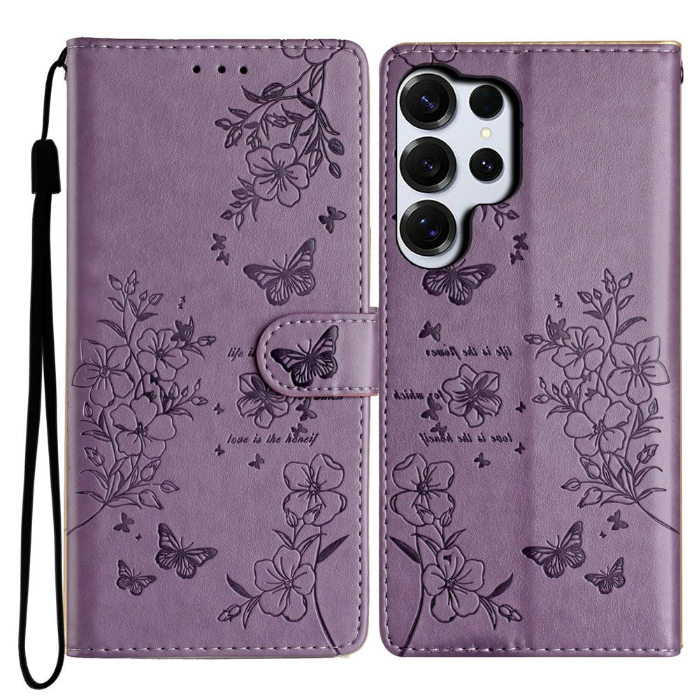 For Samsung Galaxy S26 Ultra Wallet Phone Case Butterfly Floral Imprint Leather Flip Cover with Strap