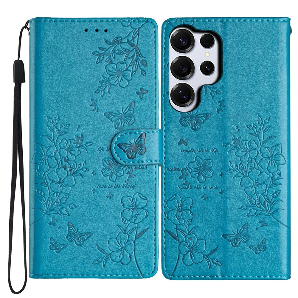 For Samsung Galaxy S26 Ultra Wallet Phone Case Butterfly Floral Imprint Leather Flip Cover with Strap