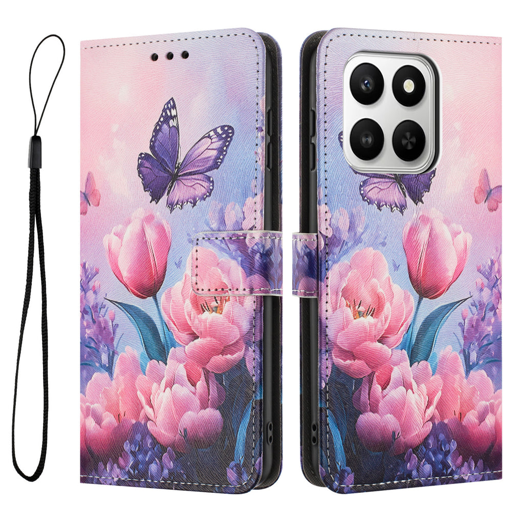 Funda tipo cartera de piel sintética con estampado para Honor X7d 5G / Honor 400 Smart 4G, con cordón.