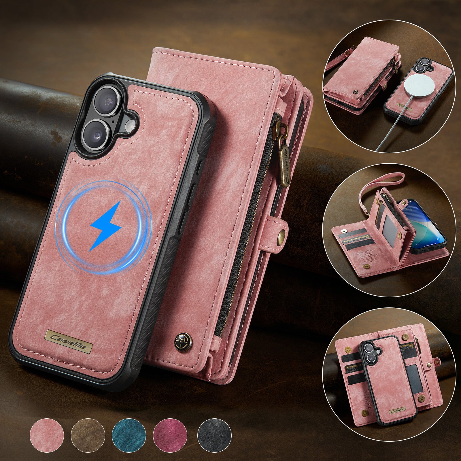 Étui pour iPhone 17 CASEME 008 en cuir avec portefeuille et dragonne amovibles