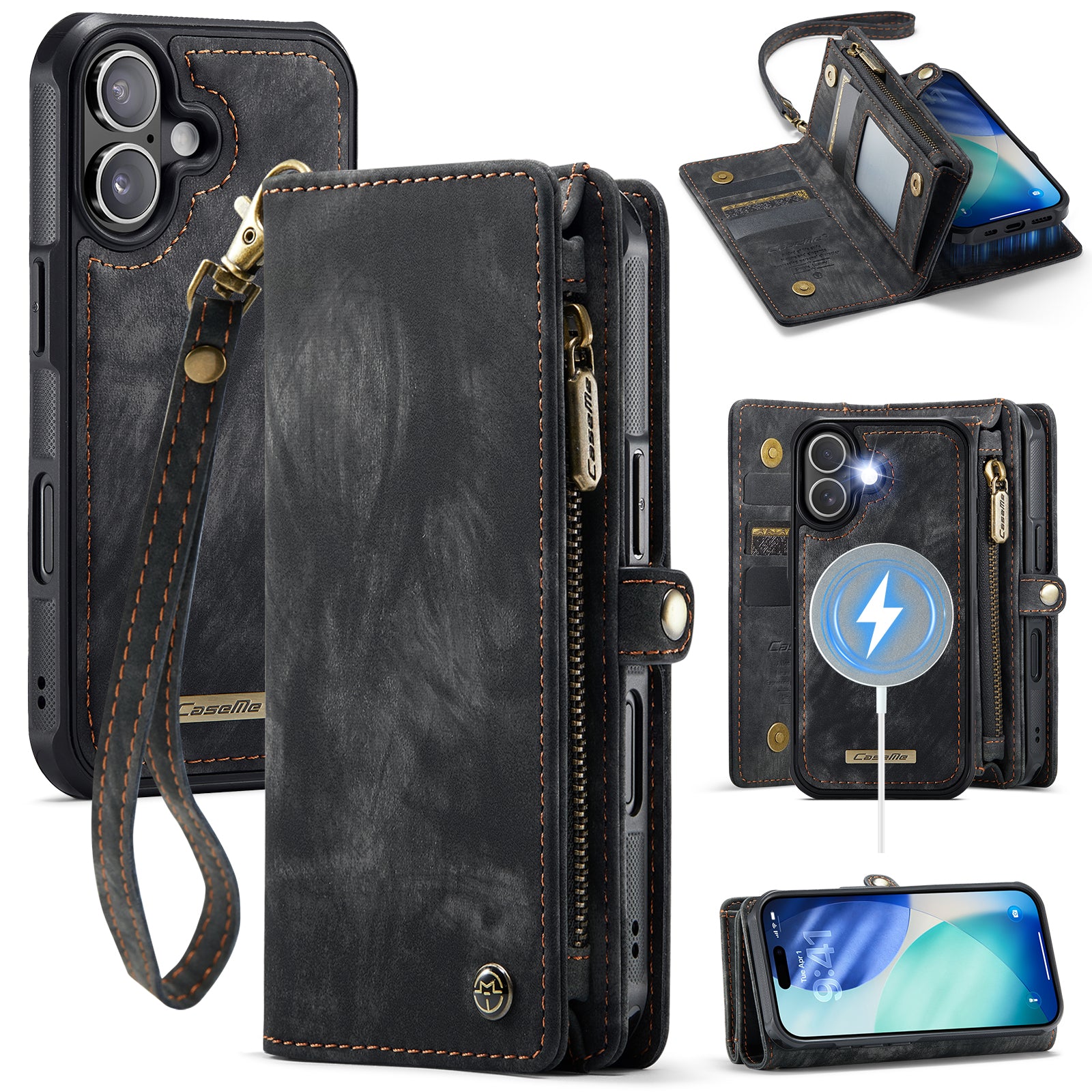 Étui pour iPhone 17 CASEME 008 en cuir avec portefeuille et dragonne amovibles