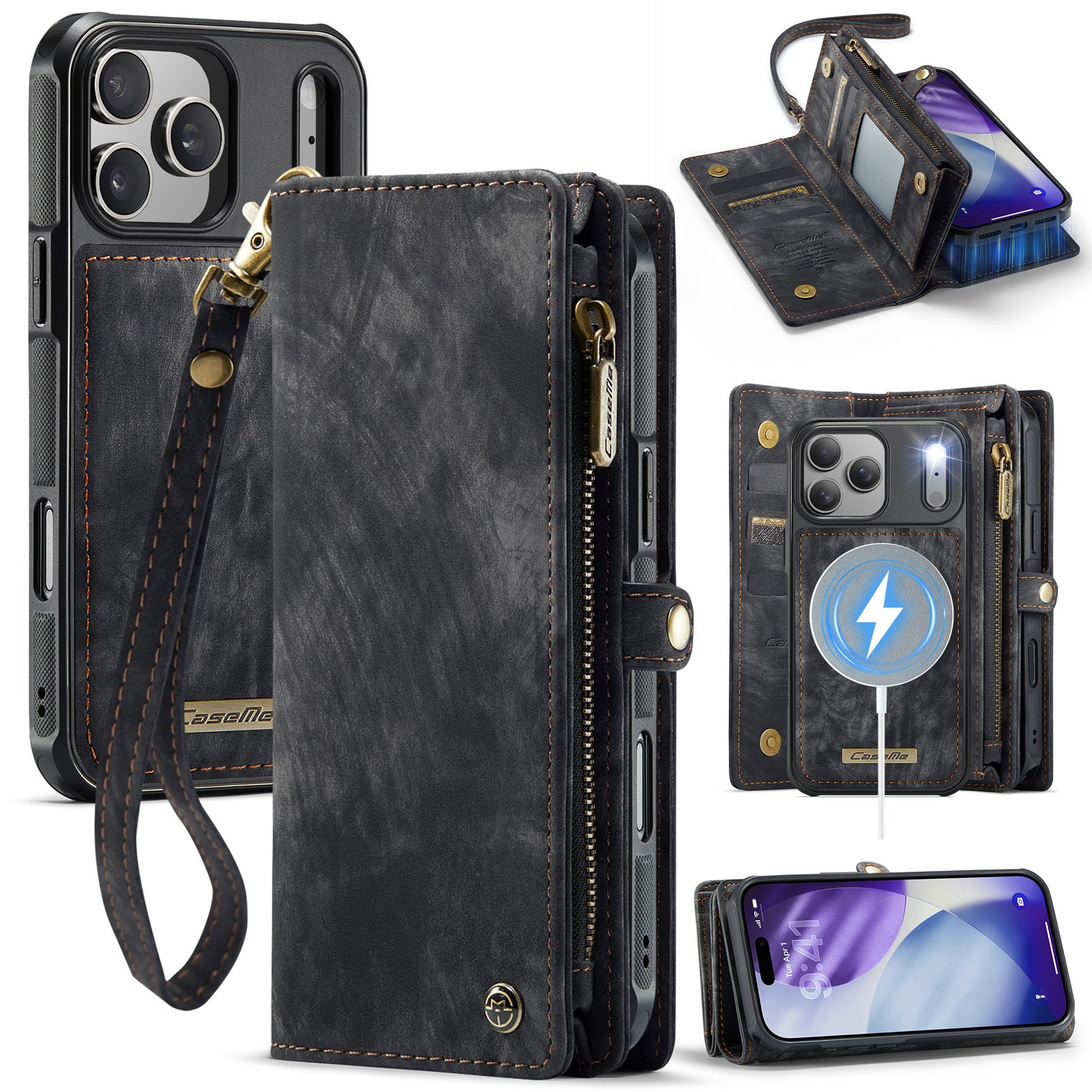 For iPhone 17 Pro Max Phone Cases CASEME 008 Leather Cover with Detachable Wallet and Strap