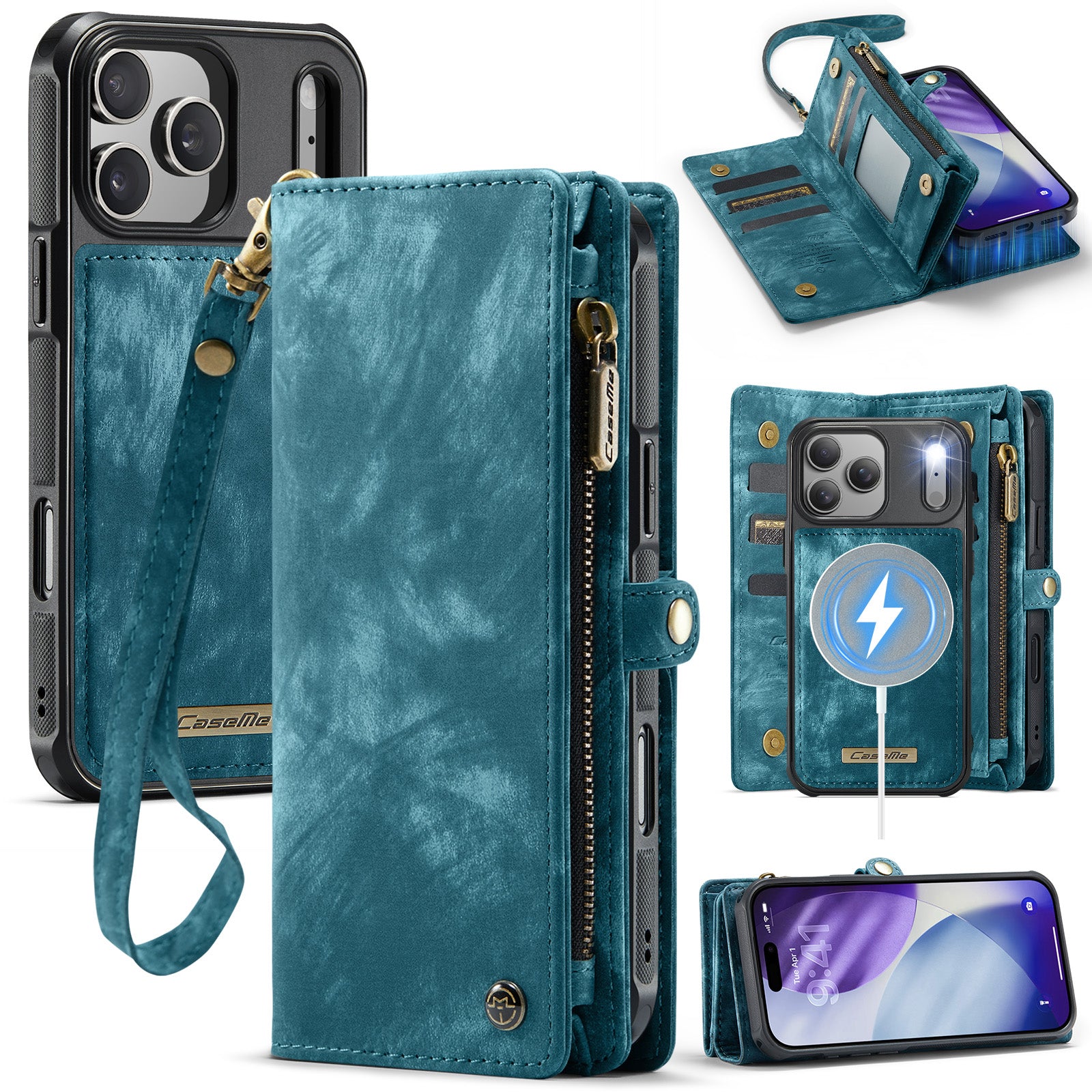 For iPhone 17 Pro Max Phone Cases CASEME 008 Leather Cover with Detachable Wallet and Strap
