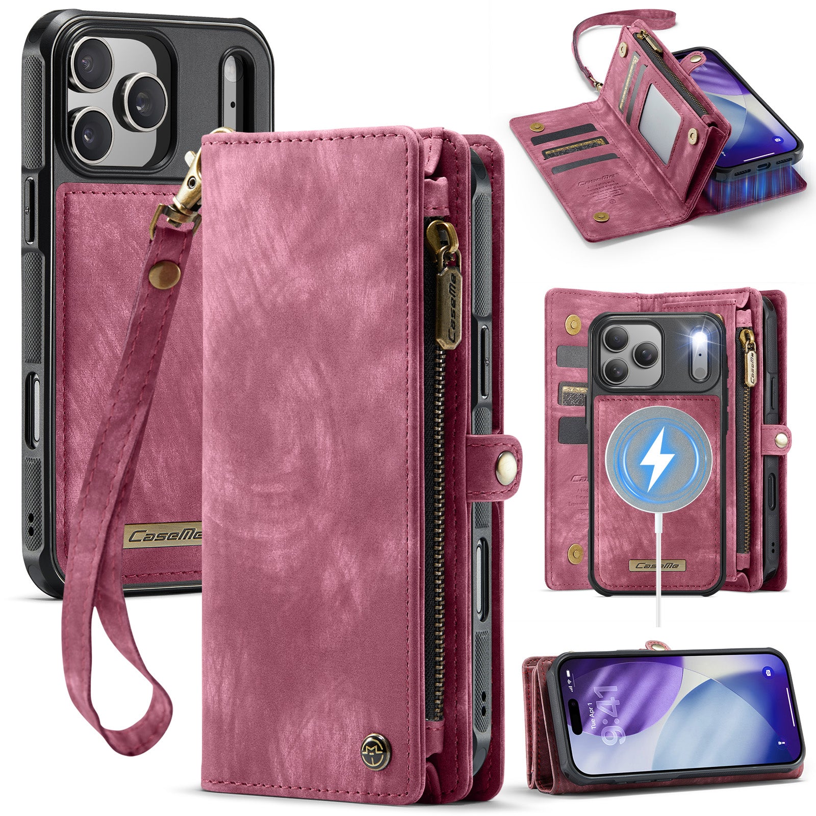 For iPhone 17 Pro Max Phone Cases CASEME 008 Leather Cover with Detachable Wallet and Strap