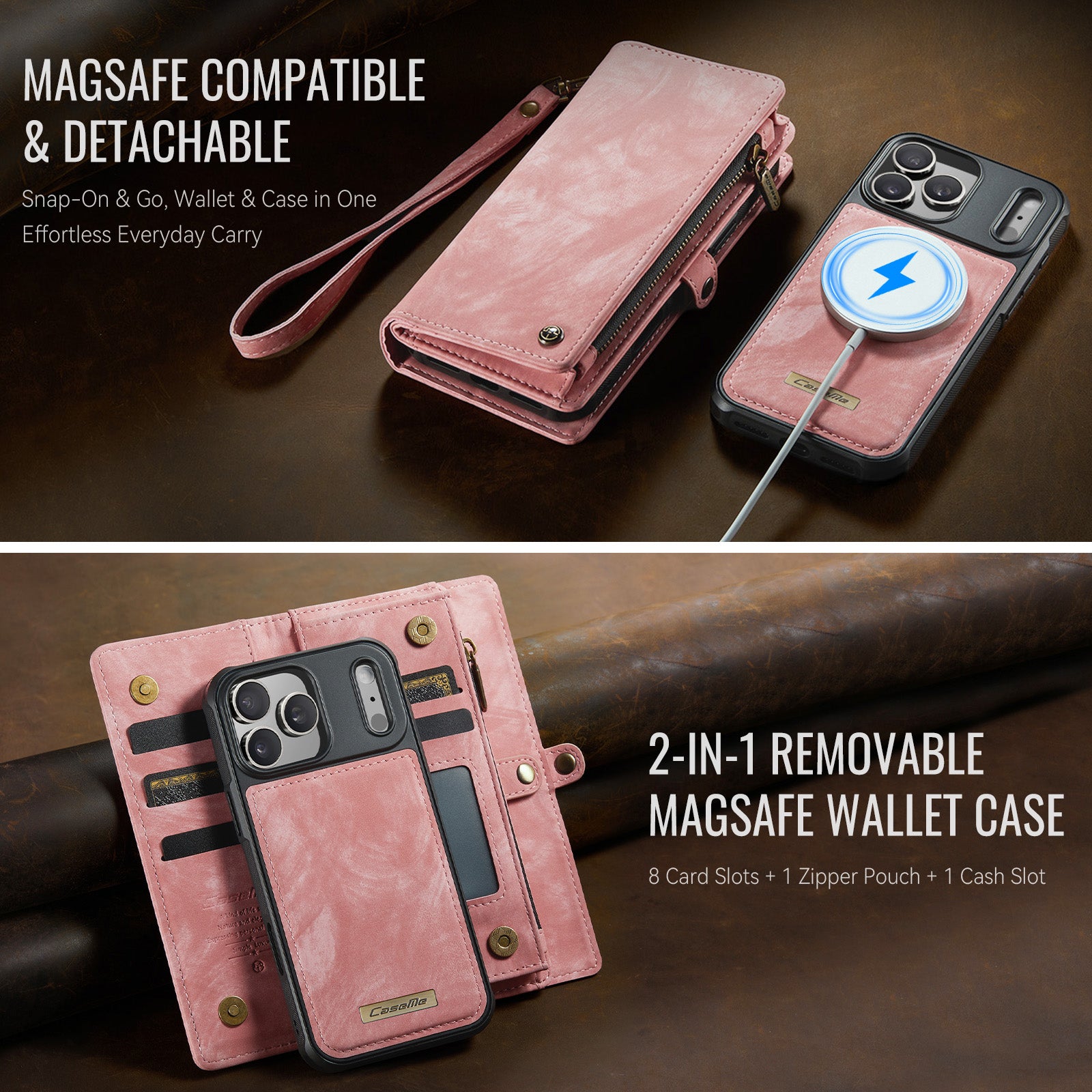 For iPhone 17 Pro Phone Cases CASEME 008 Leather Cover with Detachable Wallet and Strap
