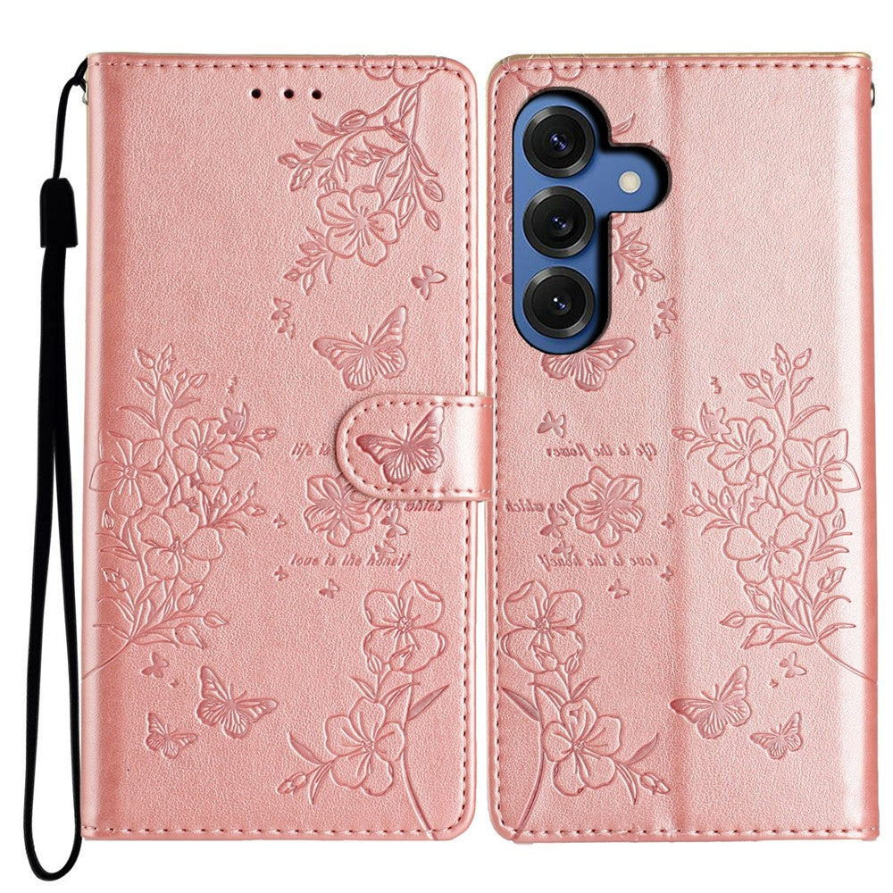 For Samsung Galaxy S26 / S26 Pro Wallet Phone Case Butterfly Floral Imprint Leather Flip Cover with Strap