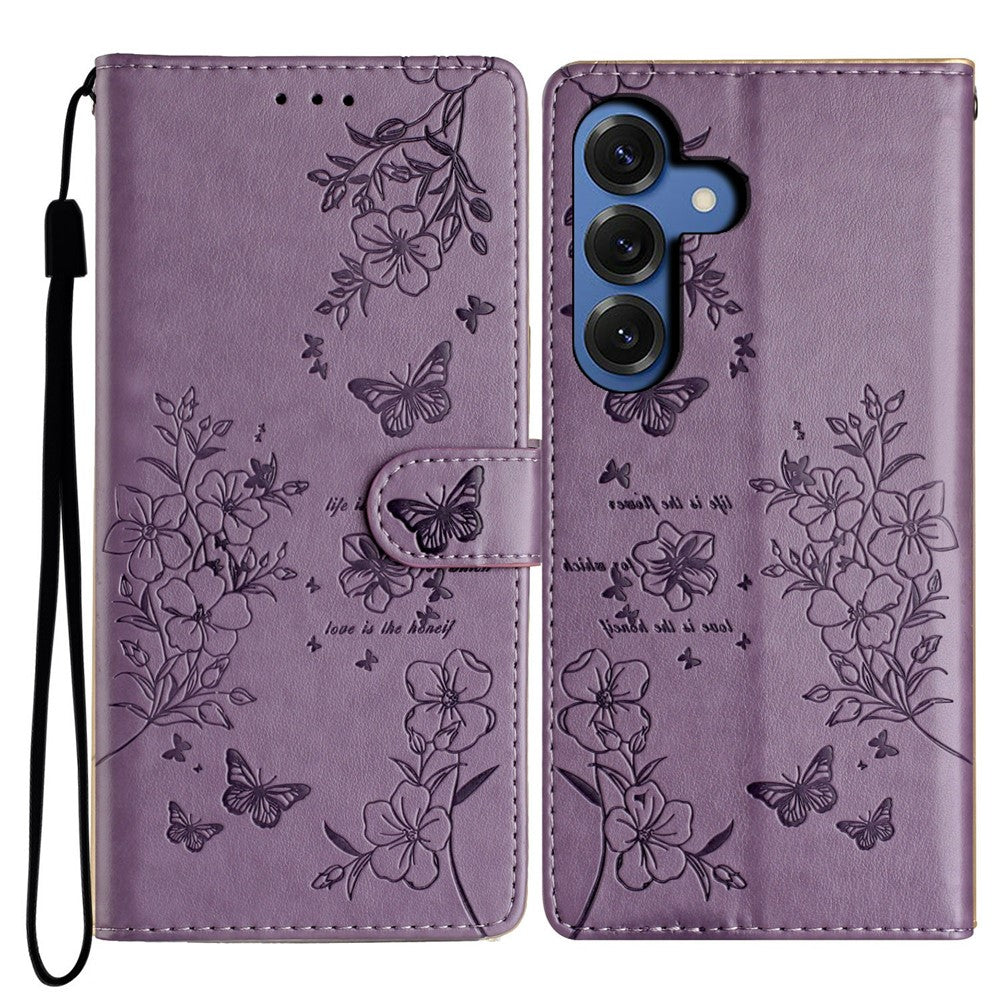 For Samsung Galaxy S26 / S26 Pro Wallet Phone Case Butterfly Floral Imprint Leather Flip Cover with Strap