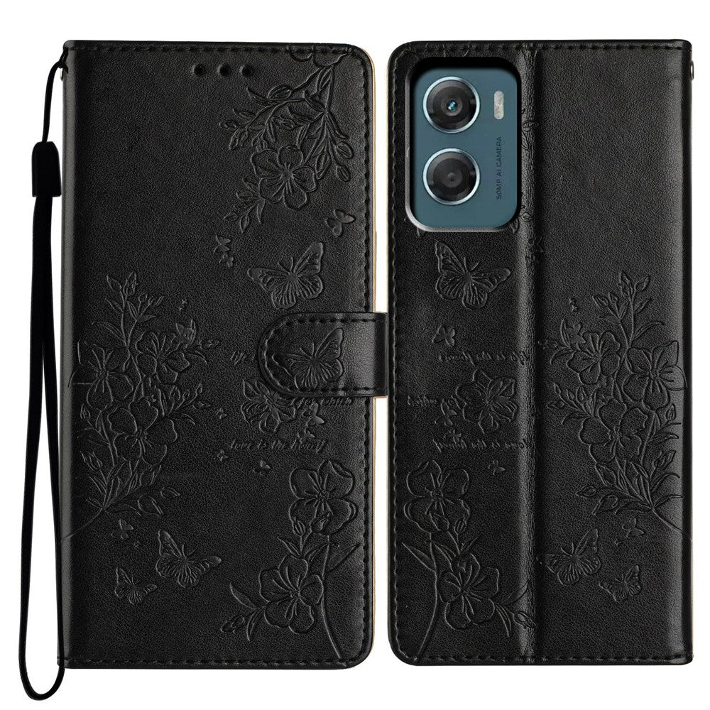 For Motorola Moto G06 4G Wallet Phone Case Butterfly Floral Imprint Leather Flip Cover with Strap