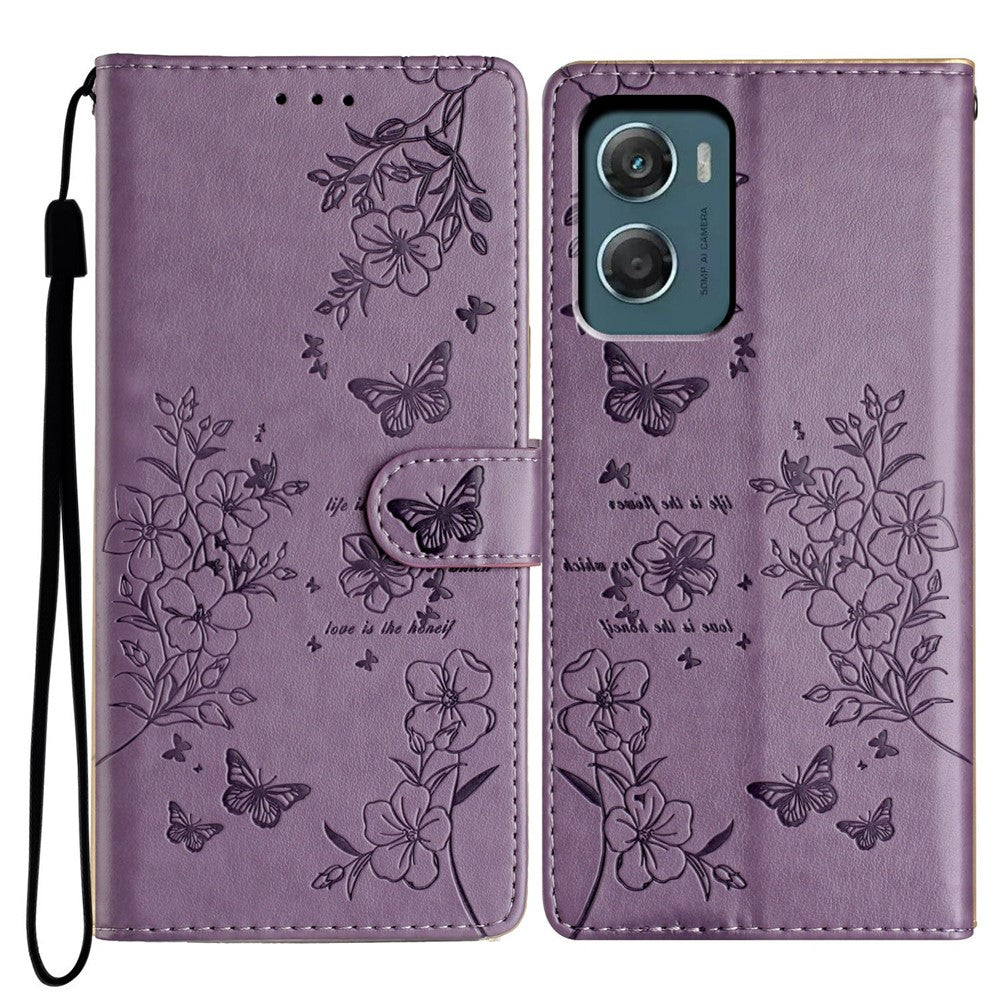For Motorola Moto G06 4G Wallet Phone Case Butterfly Floral Imprint Leather Flip Cover with Strap