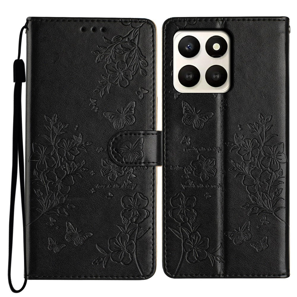 For Honor X7d 5G Wallet Phone Case Butterfly Floral Imprint Leather Flip Cover with Strap