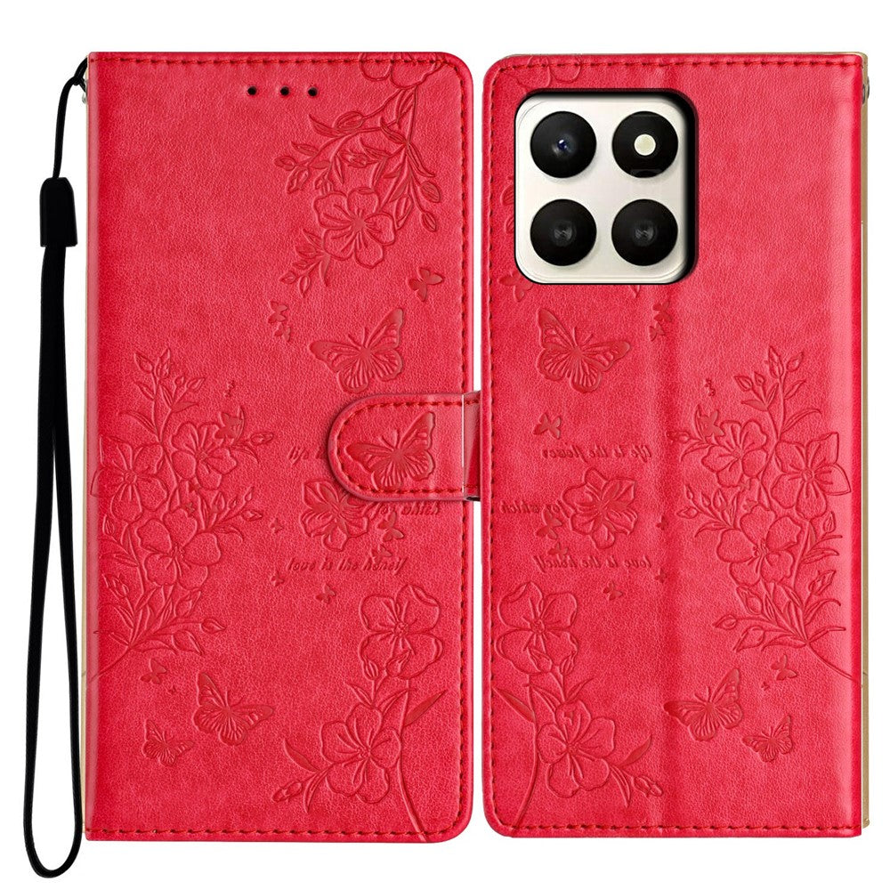 For Honor X7d 5G Wallet Phone Case Butterfly Floral Imprint Leather Flip Cover with Strap