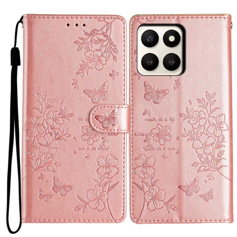 For Honor X7d 5G Wallet Phone Case Butterfly Floral Imprint Leather Flip Cover with Strap