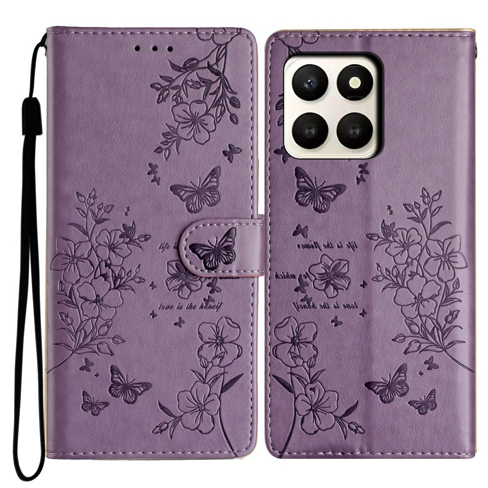 For Honor X7d 5G Wallet Phone Case Butterfly Floral Imprint Leather Flip Cover with Strap