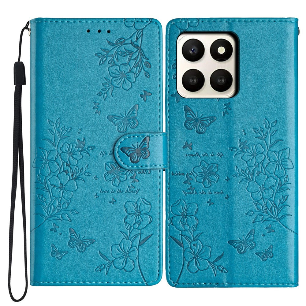 For Honor X7d 5G Wallet Phone Case Butterfly Floral Imprint Leather Flip Cover with Strap