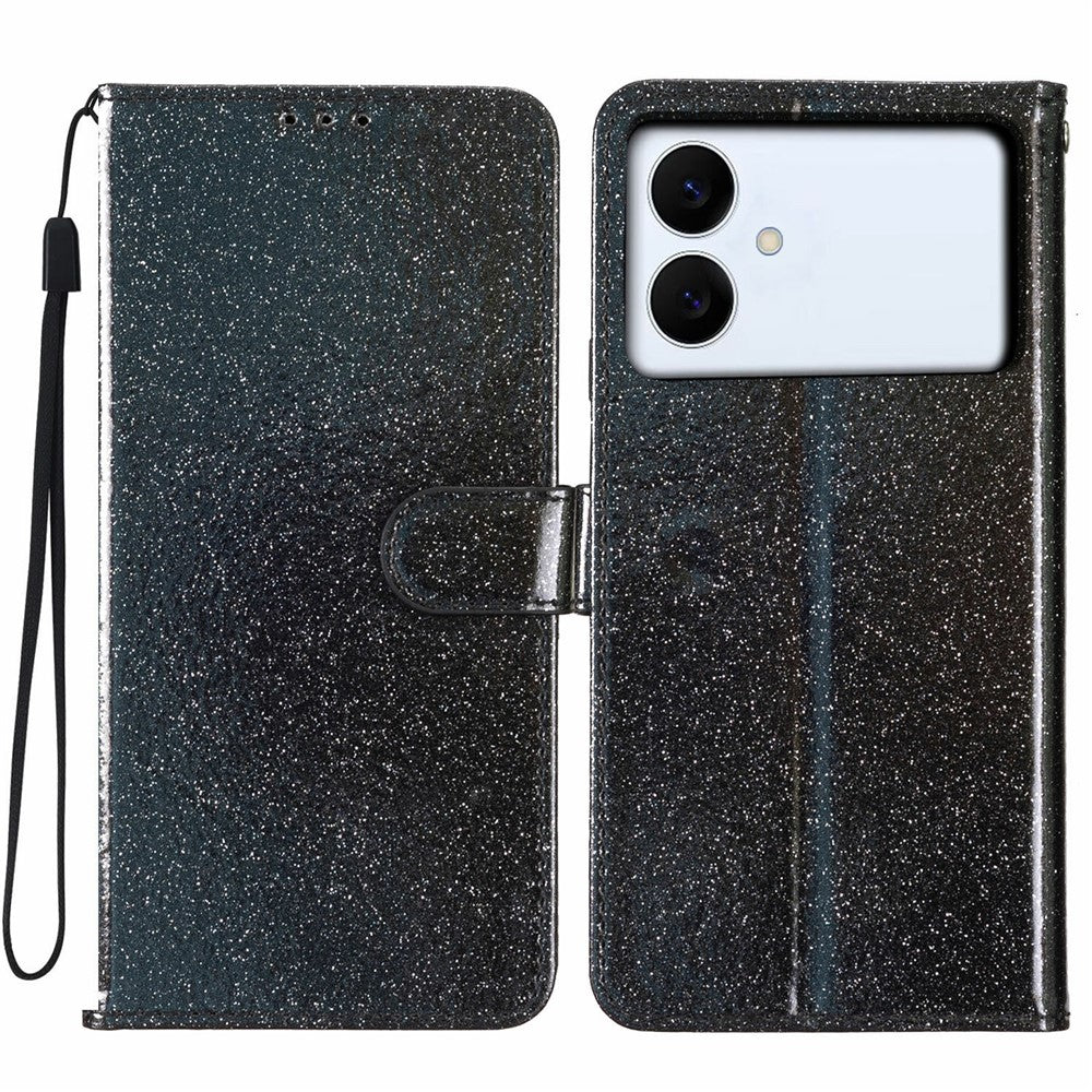 For Samsung Galaxy S26 Edge Wallet Case Glitter Anti-Scratch Leather Stand Phone Cover with Strap