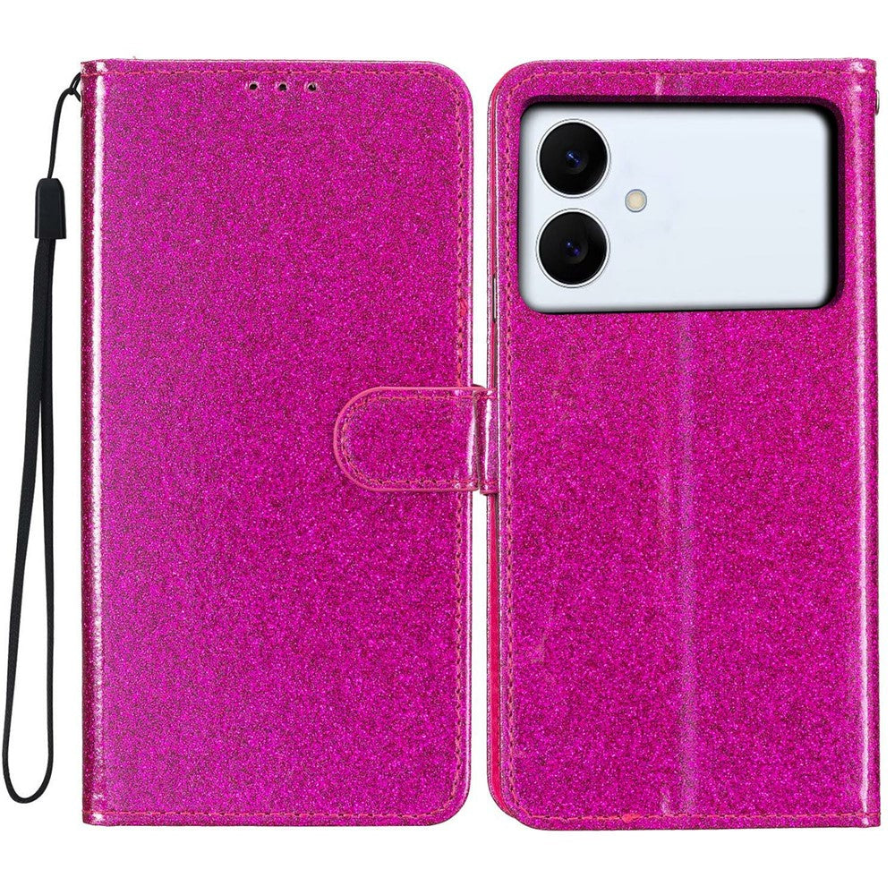 For Samsung Galaxy S26 Edge Wallet Case Glitter Anti-Scratch Leather Stand Phone Cover with Strap