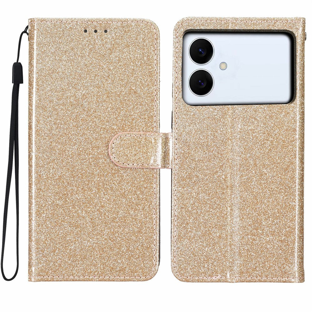 For Samsung Galaxy S26 Edge Wallet Case Glitter Anti-Scratch Leather Stand Phone Cover with Strap