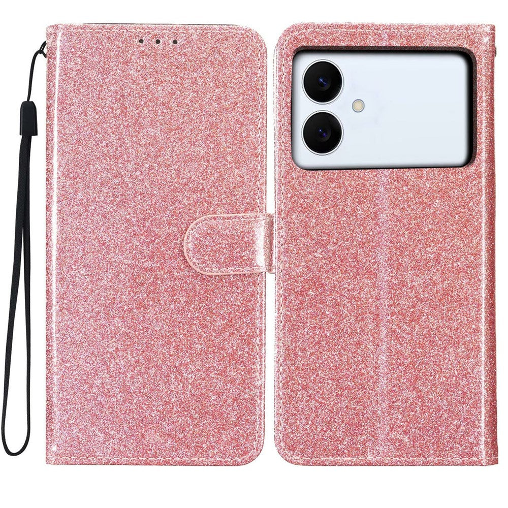 For Samsung Galaxy S26 Edge Wallet Case Glitter Anti-Scratch Leather Stand Phone Cover with Strap