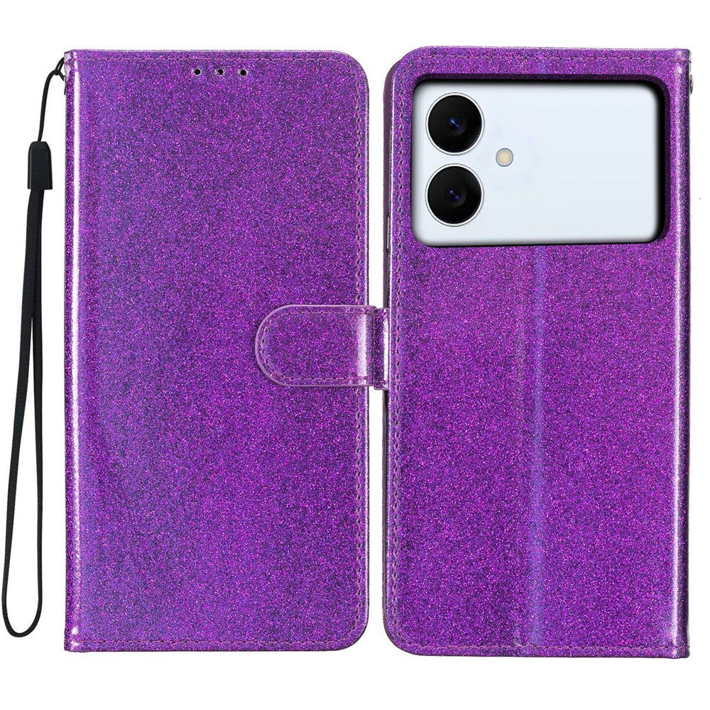 For Samsung Galaxy S26 Edge Wallet Case Glitter Anti-Scratch Leather Stand Phone Cover with Strap