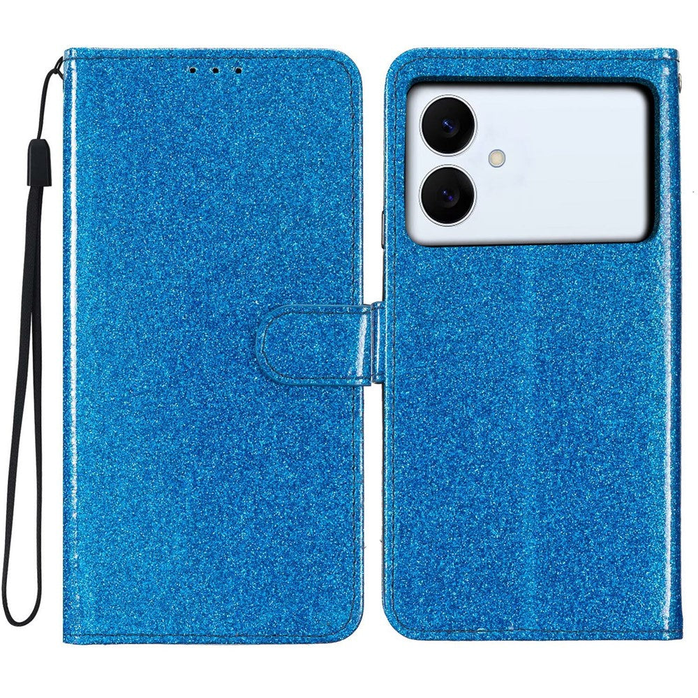 For Samsung Galaxy S26 Edge Wallet Case Glitter Anti-Scratch Leather Stand Phone Cover with Strap